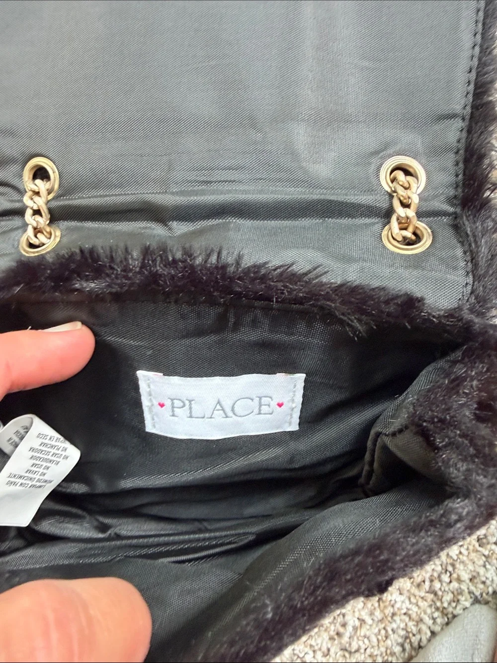 Children's Place Black Faux Fur Crossbody Bag with Pearl Heart Accent
